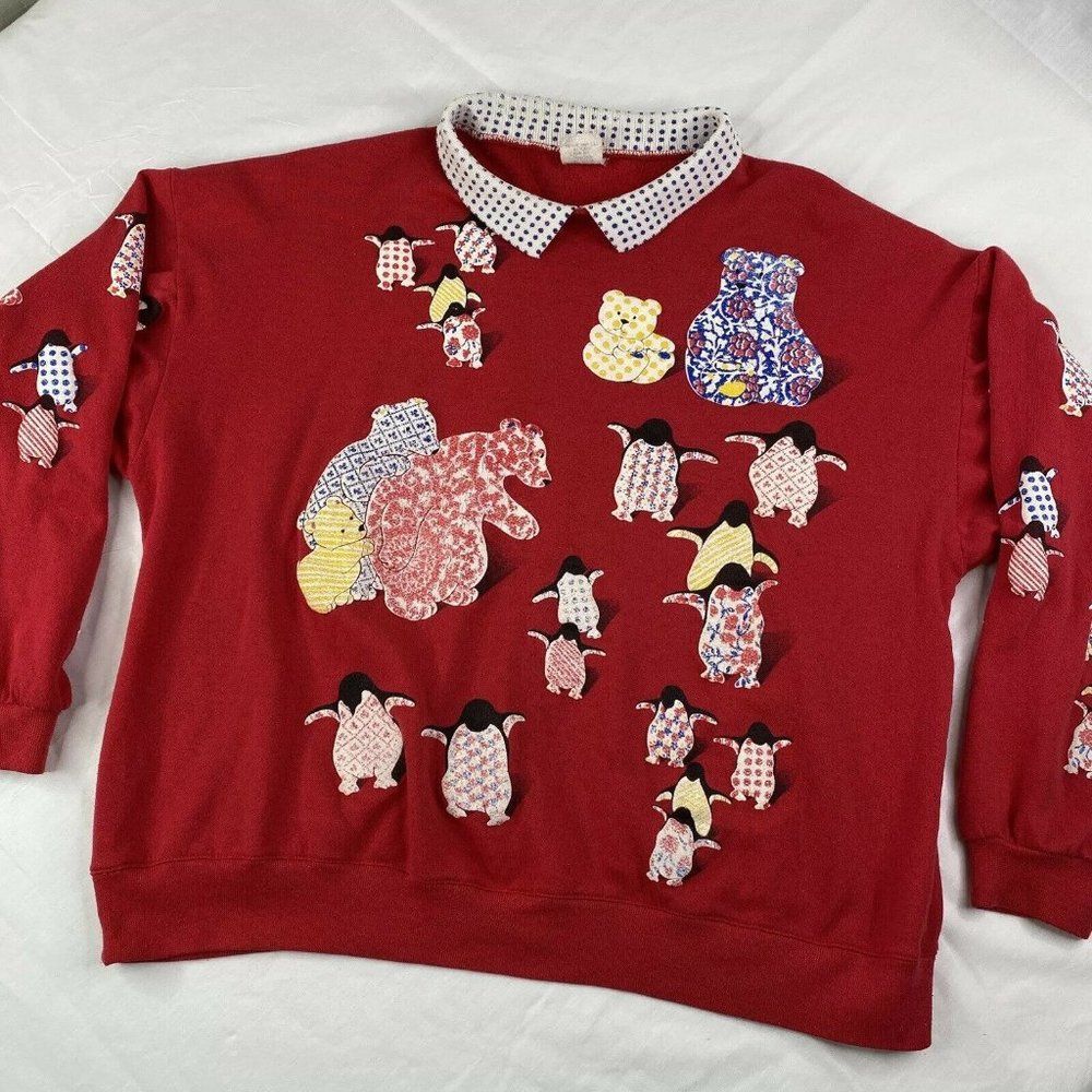 Vintage 80s P.S. I Love You size XL collared sweatshirt penguins bears puffy AOP
